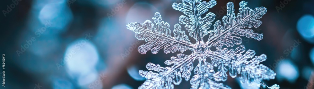 Poster close-up of a delicate snowflake sparkling against a blurred blue backdrop, showcasing intricate pat