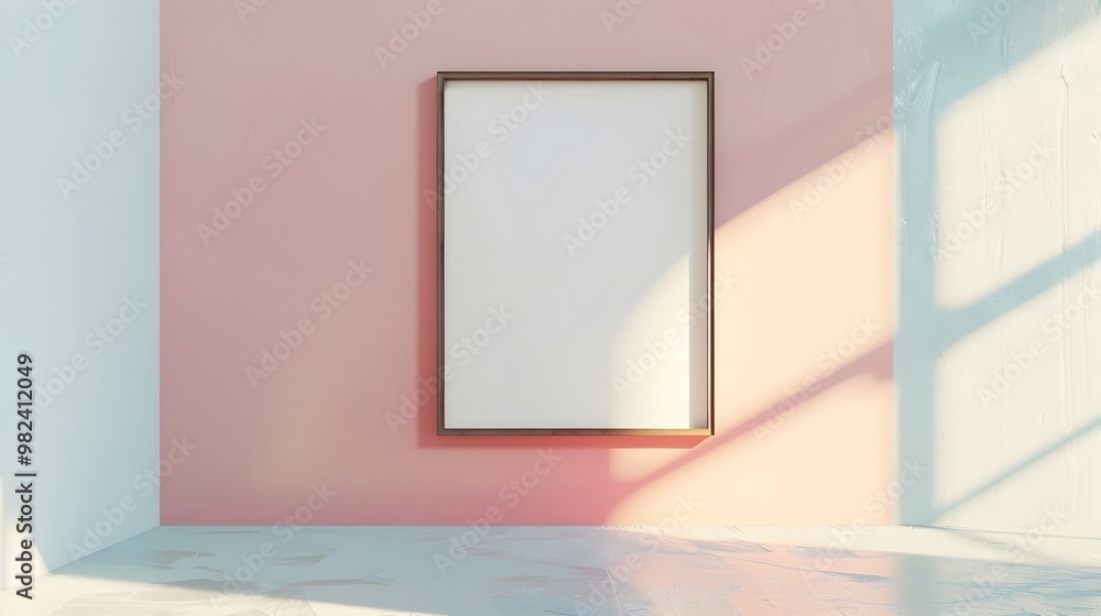 Poster pastel colored wall with empty frame mockup in modern art gallery setting