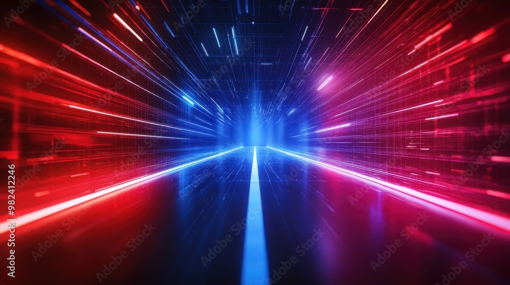 Poster a futuristic digital tunnel with red and blue neon lights and glowing lines, creating a sense of dep