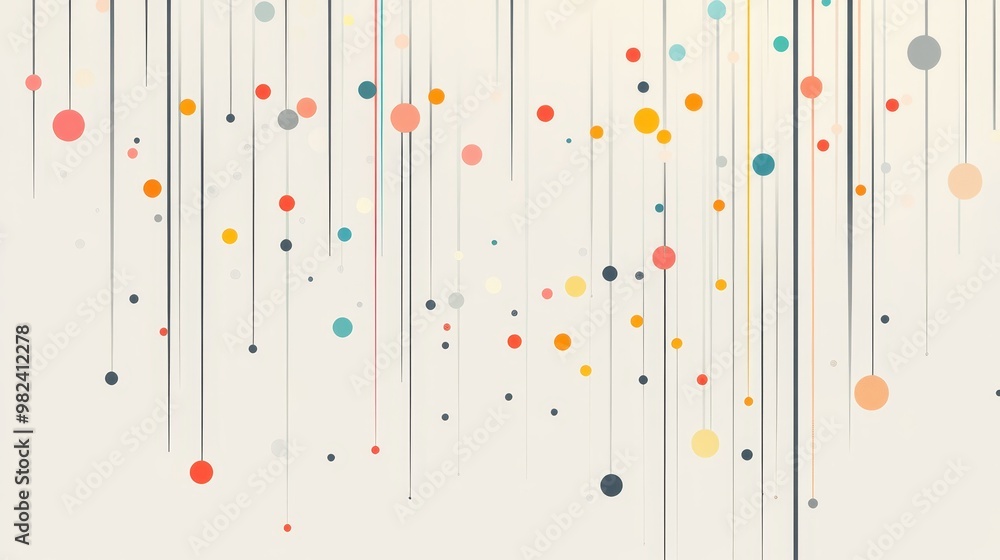 Poster a colorful abstract pattern with vertical lines and dots of various sizes and colors on a light back