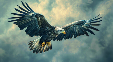 Fototapeta premium A majestic bald eagle is soaring gracefully through a cloudy and overcast sky, displaying its powerful wings and unique beak