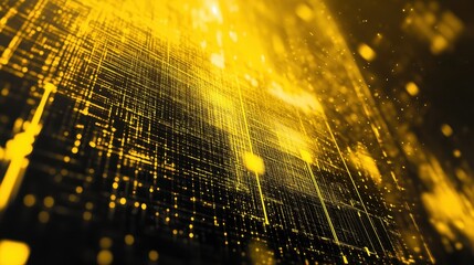 A digital visualization of a complex network of interconnected lines and nodes, glowing in a bright yellow hue against a dark background