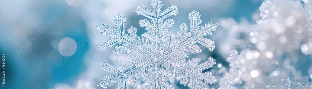 Aufkleber close-up of a delicate snowflake against a soft blue background, showcasing its intricate patterns a