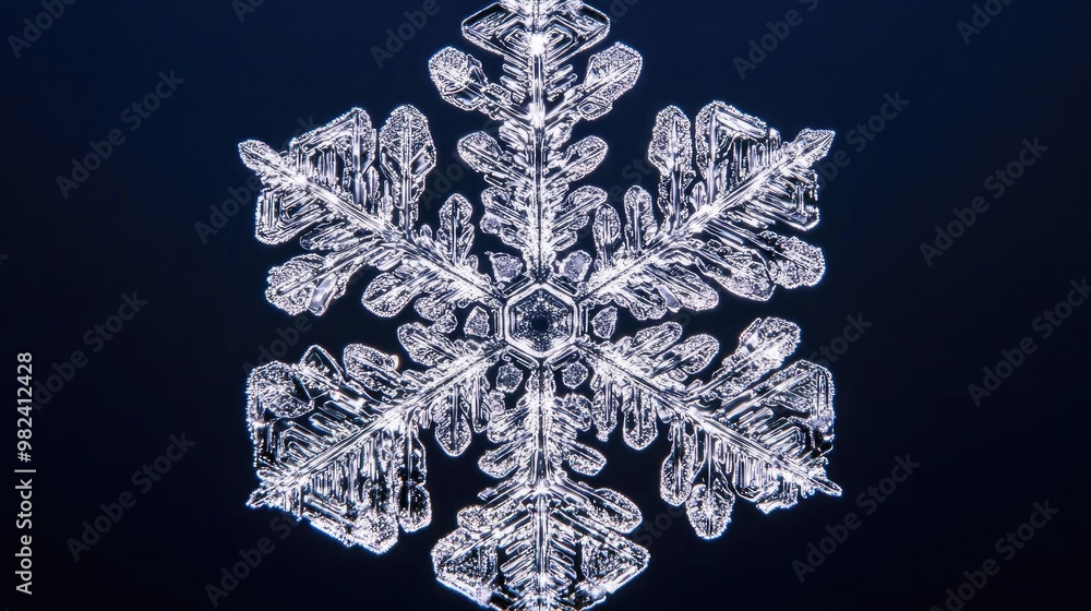 Poster intricate snowflake captured in stunning detail against a dark background, showcasing its unique cry