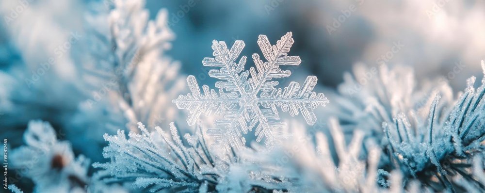 Poster close-up of a delicate snowflake resting on frosty evergreen branches, capturing the beauty of winte