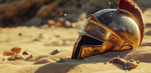 roman army warrior helmet in sand after battle , fall of the empire concept