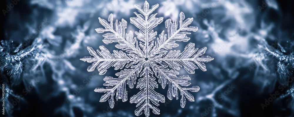 Poster a beautiful and intricate snowflake with detailed patterns glistening against a dark icy background,