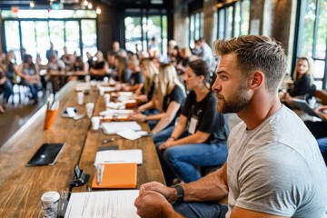 A workplace seminar on conflict prevention, where employees are learning communication skills, illustrating corporate conflict prevention