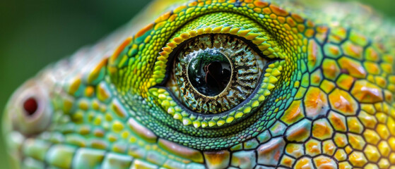 Obraz premium This is a detailed close up of a lizards striking eye, beautifully framed against a vibrant green background that enhances its features