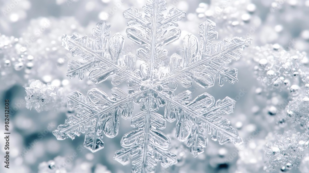Poster Close-up shot of a delicate snowflake resting on shimmering ice, showcasing intricate patterns and winter beauty.