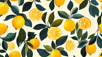 Trendy watercolor lemon pattern. Minimalistic. Rich green and yellow. Light background. Wallpaper. Generative AI