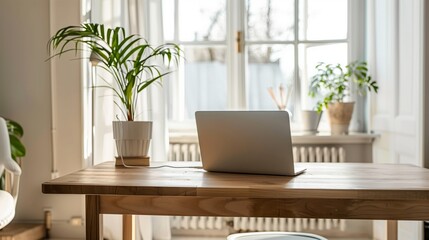 Fototapeta premium Modern Home Office Setup with Laptop and Indoor Plants in Sunlit Room, Minimalist Workspace for Productivity