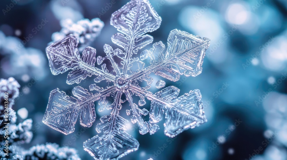 Poster A close-up view of a beautiful snowflake resting on frost, showcasing intricate details and a winter wonderland aesthetic.