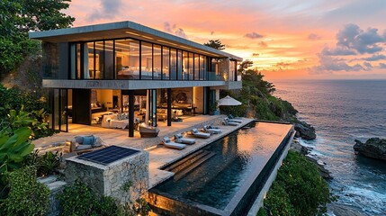 Fototapeta premium A luxurious beachfront property with solar panels and a panoramic ocean view, blending modern design with nature