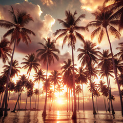 Fototapeta premium palm trees at sunsetsunset, palm, tree, beach, tropical, sky, silhouette, nature, sunrise, sea, summer, ocean, sun, island, travel, paradise, hawaii, vacation, landscape, dusk, palms, evening, coconut