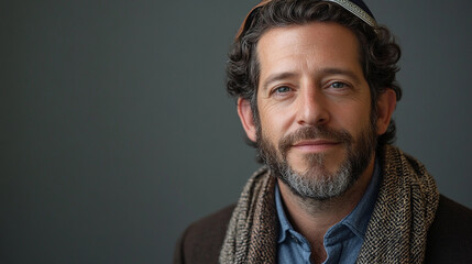 Portrait of jewish man in his 30s with a calm expression wearing kippa kippah