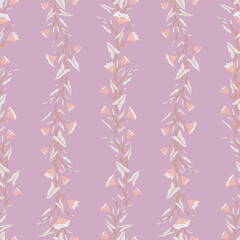 Seamless pattern with flowers and leaves of convolvulus plant. Template with bindweed wildflowers for fashion prints. Light purple background. Vector illustration