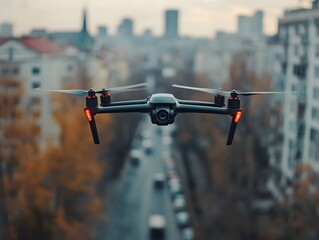 Top view of a quadcopter with backlight flying over houses. Concept of transport, control and surveillance.