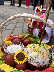 easter basket with decorated colored eggs salt bread paskha and candle for lighting in church authentic vertical lifestyle