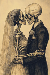 Skeleton bride and groom lovingly embrace in eerie illustration. , vertical collage wallpaper, Dead Day