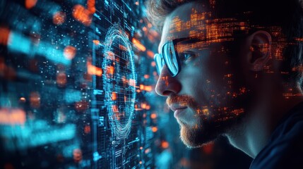 Bearded man wearing glasses, focused on a digital holographic interface with glowing orange data projections. Immersed in a futuristic high-tech environment.