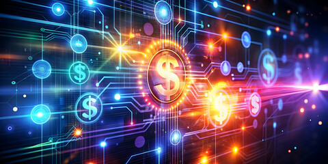 Obraz premium Glowing Abstract Digital Art Representing Payment Innovations: Vibrant Colors & Light Effects for Fintech and Financial Technology Content
