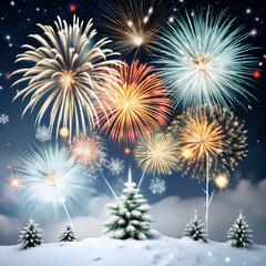 Obraz premium fireworks on the night skyfireworks, celebration, firework, night, holiday, explosion, fire, sky, festival, light, new, pyrotechnics, celebrate, party, colorful, july, display, red, year, blue, black,