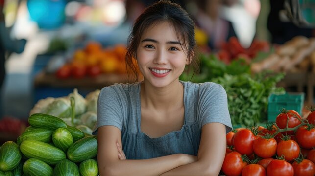 Woman smiling at a vegetable market, surrounded by tomatoes, cucumbers, and other fresh produce, representing local agriculture, healthy eating, and sustainable food sourcing.