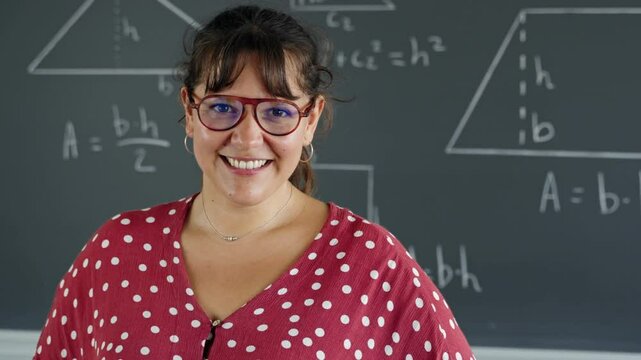 Young female maths and geometry teacher standing at primary school classroom smiling looking at camera
