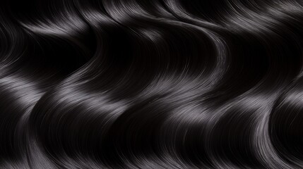 A close up of a woman's hair with a shiny, sleek appearance. The hair is long and black, and it is styled in a way that emphasizes its volume and texture. Concept of elegance and sophistication