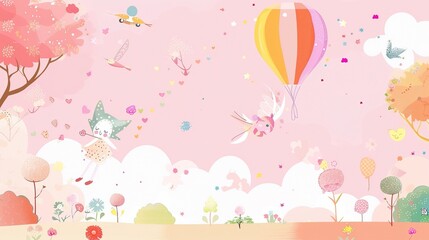 A delightful children's cartoon scene set against a dreamy pink background. There are colorful and cute characters that might be animals or little people