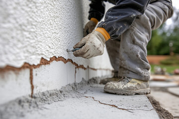 Construction worker repairing a damaged house foundation, applying expert craftsmanship to restore structural integrity