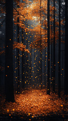 Enchanting dark forest with glowing golden autumn leaves, vertical collage wallpaper