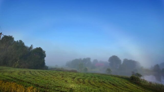 Foggy countryside field with soft morning light and a rainbow over misty trees and farmland