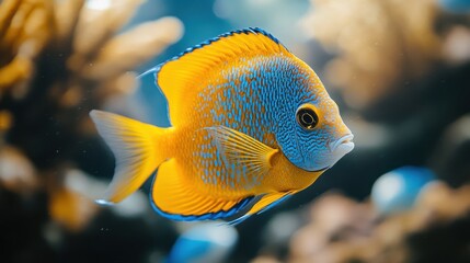 Colorful tropical fish in aquarium, vibrant blue and yellow scales, underwater, exotic marine life, coral reef background, ocean wildlife, aquatic beauty