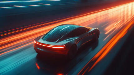 Futuristic Sports Car Driving on a Highway at Night.