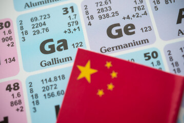 Ge (Germanium) Ga (Gallium) in the periodic table with Chinese flag. US vs China chip war or tech...