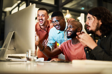 Computer, winner and team with business people for email marketing, target audience research and rpa software. Chief automation officer, success and technology with employees at night and ai system