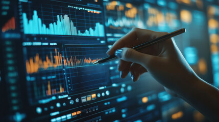 Analyzing financial data on interactive digital screen. Hand holding pen, reviewing dynamic graphs and charts, emphasizing business analytics, market trends, and data visualization technology.