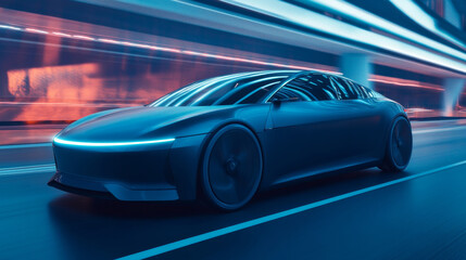 Fototapeta premium Futuristic Sports Car Driving Through City at Night.