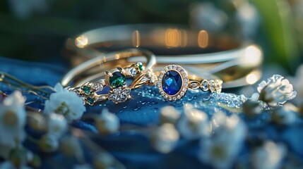 Romantic designer rings on a blue landscape as well as a golden bracelet with diamonds