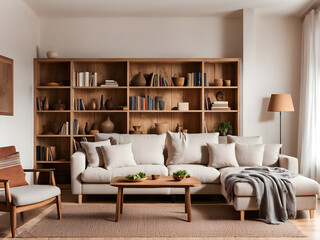 Spacious, warm living room with linen sofa and handmade bookcase