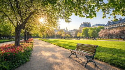 Naklejka premium A wooden bench sits in a park with green grass and trees.