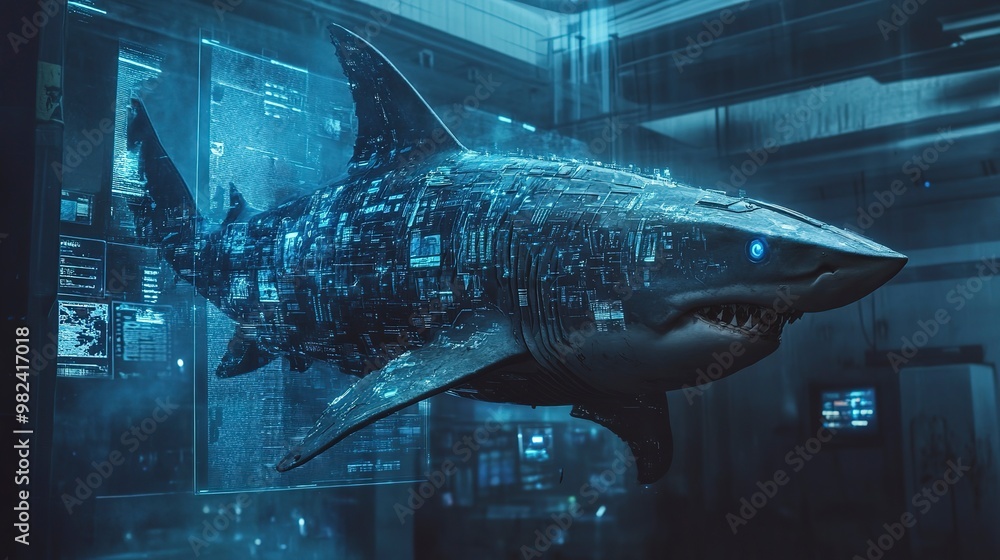 Poster formidable cyborg shark analyzing holographic data in moody dystopian atmosphere