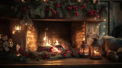 Cozy fireplace adorned with festive decorations, glowing flames, and a warm ambiance for the perfect winter evening.