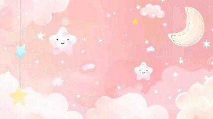 A delightful children's cartoon scene set against a dreamy pink background. There are colorful and cute characters that might be animals or little people