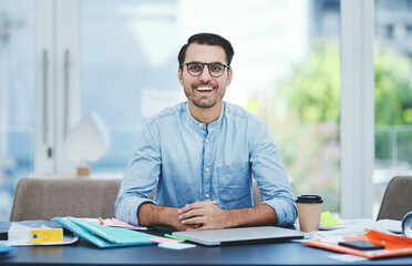 Office, laptop and businessman in portrait for career, startup progress or pride with smile for job. Creative agency, male person or graphic designer with positive attitude for tasks, planning or joy