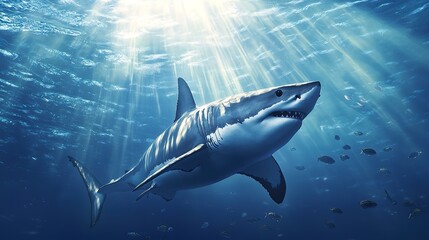 Fototapeta premium A large great white shark swims through the blue ocean water, with a school of fish swimming nearby. Sunlight streams down through the water, creating a dramatic scene.