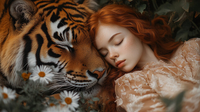 Red-haired beautiful woman peacefully sleeping beside a tiger in nature
