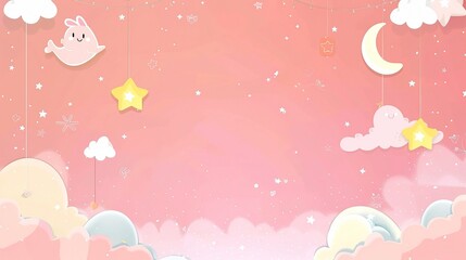 A delightful children's cartoon scene set against a dreamy pink background. There are colorful and cute characters that might be animals or little people